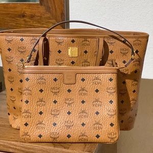 MCM Visetos Shopper Tote Zip Bag Cognac